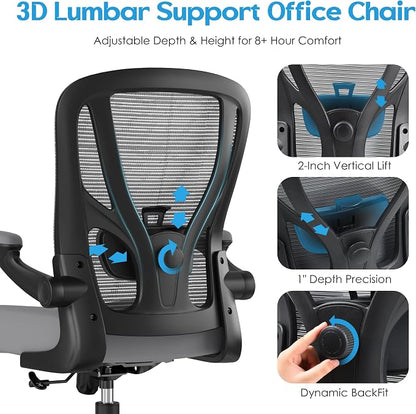 Office Chair Ergonomic Desk Chair - Mesh Computer Chair Breathable Task Chair with Wheels Adjustable Lumbar Support Home Desk Office Chairs with Flip up Armrest Gray 4 Pack