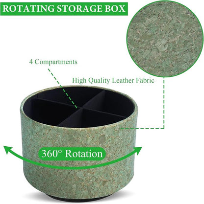 Round Leather Art Supply Organizer,Remote Control Holder,360 Degree Spinning,Multi-Functional Pencil Holder,4 Compartments Desktop Stationary Organizer(1-Soft Green)
