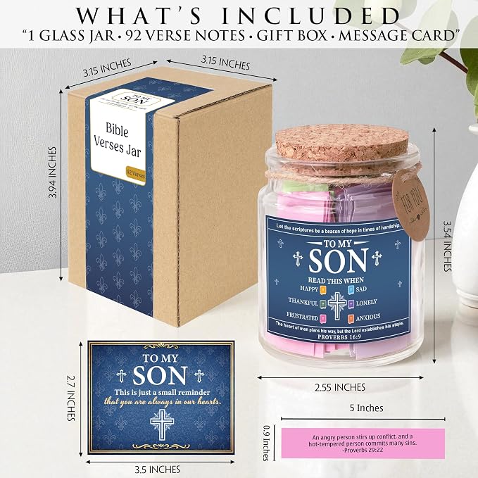 Bible Verses Jar for Son – 92 Scripture Cards, Open When You Feel Happy Sad Anxious or Lonely, Meaningful Christian Gift for Son, Birthday Graduation Easter Gift from Parents