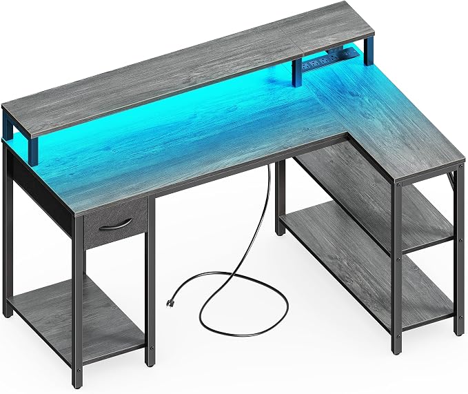 SUPERJARE 47 inch Reversible L Shaped Desk with LED Lights & Power Outlets, Computer Desk with Shelves & Monitor Stand, Gaming Desk with Drawer, Home Office Desk Corner Desk, Grey