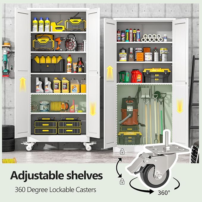 Metal Garage Storage Cabinets and storage system, 75”Tall Rolling utility cabinet with Wheels, Lock, 5 Adjustable Shelves, Heavy Duty Steel Tool Locker for Home Office, Utility Room, Gym,White