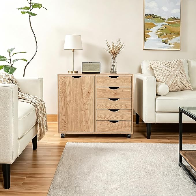 5 Drawer Wood Storage cabinets, Chest of Drawers for Home Office, Printer Stand with Adjustable Shelf (Natural)