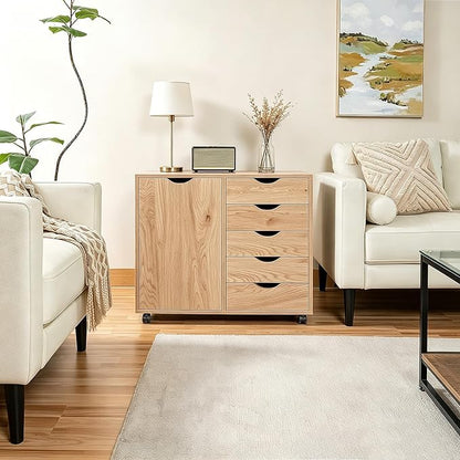 5 Drawer Wood Storage cabinets, Chest of Drawers for Home Office, Printer Stand with Adjustable Shelf (Natural)