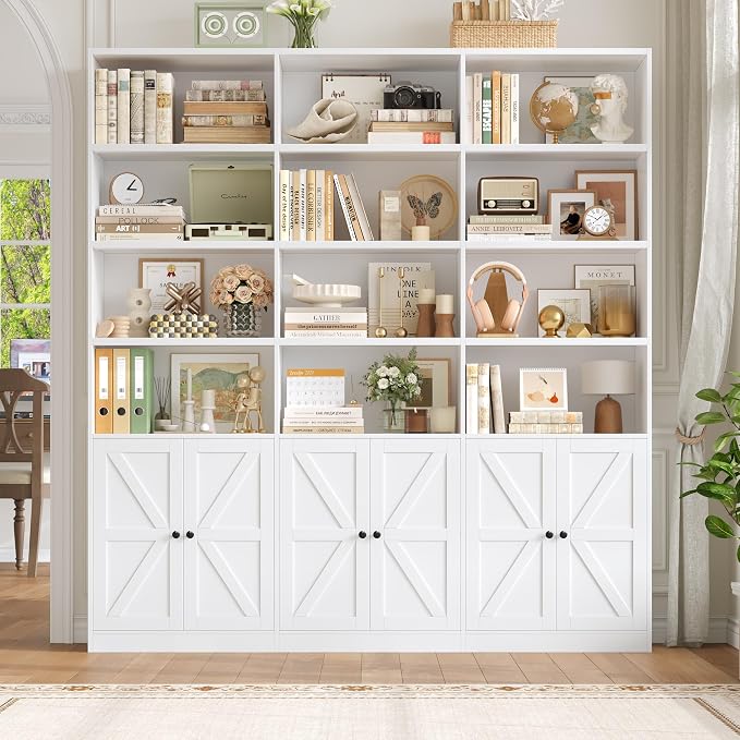 FACBOTALL 75" Triple Wide Bookshelf, White Bookshelf and Bookcase with 6 Farmhouse Doors, 71" Wide 6 Tier Book Shelf with 18 Storage Shelves, Large Wooden Bookshelves, Tall Bookcase for Office, White
