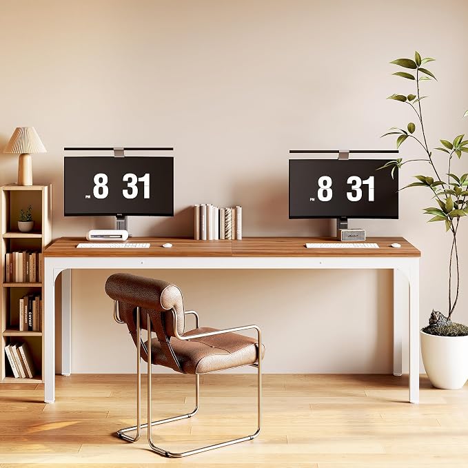 LITTLE TREE 78.7-Inch Ultra Long Double Desk, Writing Gaming Work Computer Two-Person Desk for Home Office, Walnut + White