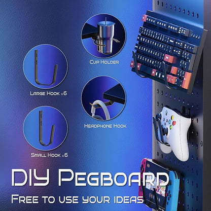 Pamray Small Gaming Desk Rolling Computer Table White | Movable, with Led Lights Power Outlets, with Storage Pegboard and Hook, Sturdy, Suitable for Study Gaming Bedroom Dorm