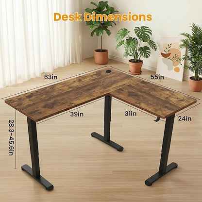farexon L Shaped Standing Desk Adjustable Height, 63 x 55 Inch Corner Stand up Desk for Home Office with 39x18 in Mouse Pad, Electric Standing Computer Workstation with Headphone Hook, Rustic Brown