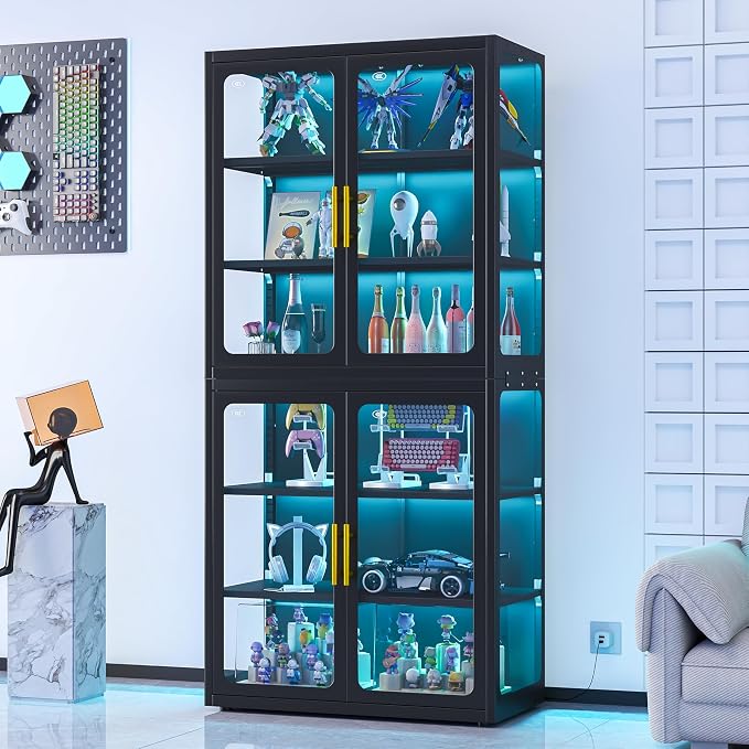 PAOFIN 67" Display Cabinet with Glass Doors, 4-Tier Curio Cabinet with Many Color Lights for Collectibles, Glass Display Case, Bookcase with 4 Shelves, Storage Cabinets, Black