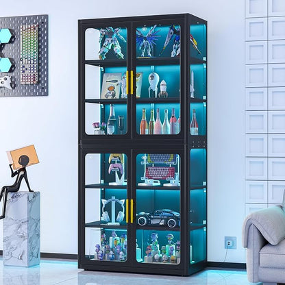 PAOFIN 67" Display Cabinet with Glass Doors, 4-Tier Curio Cabinet with Many Color Lights for Collectibles, Glass Display Case, Bookcase with 4 Shelves, Storage Cabinets, Black