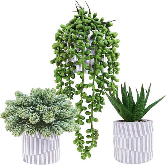 Winlyn 3 Pack Small Faux Succulent Plants Fake String of Pearls Aloe Hops Succulents in Gray Geometric Concrete Pots Artificial Potted Plant for Office Desk Home Tabletop Windowsill Shelf Decor