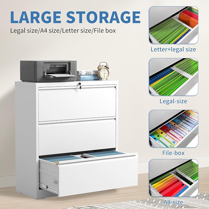 File Cabinets 3 Drawer,Metal Office Storage Filing Cabinet with Lock,White Lateral Filing Cabinet for Home Office,Horizontal Locking File Cabinets for Legal/Letter/A4 Files,Assembly Required