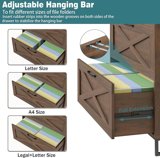 Vabches Lateral File Cabinet 2 Drawer File Cabinet with Charging Station, Modern Farmhouse Large Wood File Storage Cabinet for Home Office Furniture(Dark Walnut)