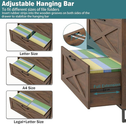 Vabches Lateral File Cabinet 2 Drawer File Cabinet with Charging Station, Modern Farmhouse Large Wood File Storage Cabinet for Home Office Furniture(Dark Walnut)