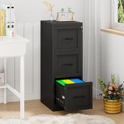 GAIOUS Metal Vertical File Cabinet with Lock, Home Office 3 Drawer Cabinet | 3 Drawer Filing Cabinet, Beside Desk File Cabinet, Black Lockable Storage Cabinet, Fits Letter/Legal/A4 Size