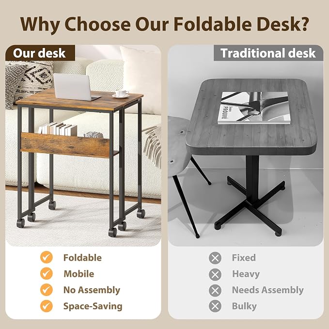 Garvee Folding Desk Small Rolling Desk with Storage Shelf,24.8 Inch Foldable Computer Table for Small Spaces, Space Saving Sofa Table with Wheels for Home Office, Study, Easy Assembly,Walnut