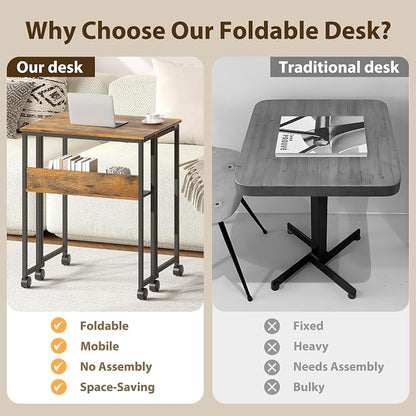 Garvee Folding Desk Small Rolling Desk with Storage Shelf,24.8 Inch Foldable Computer Table for Small Spaces, Space Saving Sofa Table with Wheels for Home Office, Study, Easy Assembly,Walnut