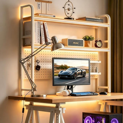 deli Desktop Shelf, Desk Hutch with Grid Panel, Desktop 2-Tier Display Rack, Multipurpose Metal Desktop Bookshelf Storage Organizer, White