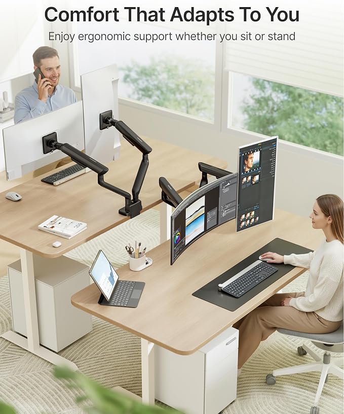 monTEK Dual Monitor Arm with USB, Mechanical Spring Desk Mount for 17 to 35 Inch Screens, Smooth Precision Bearings, Holds up to 26.4 lbs Per Arm, C-Clamp/Grommet Base, Perfect for Office Workspaces