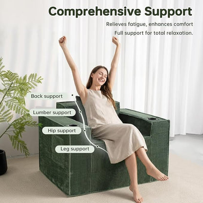 Cloud Single Sofa,Chaise Lounge Chair with Cup Holder & Side Pocket,Elevated Seat Height,No Assembly Required,Boneless Corduroy Chair for Small Space,Bedroom,Office (Green, Single Sofa)