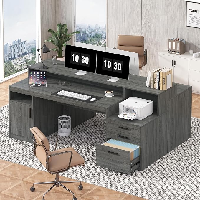 YOMILUVE Executive Computer Desk with 3 Drawers & Storage Shelves, 65 Inch Home Office Desk with File Drawer & Cabinet, Writing Study Desks with Monitor Stand & Printer Shelf, Dark Grey