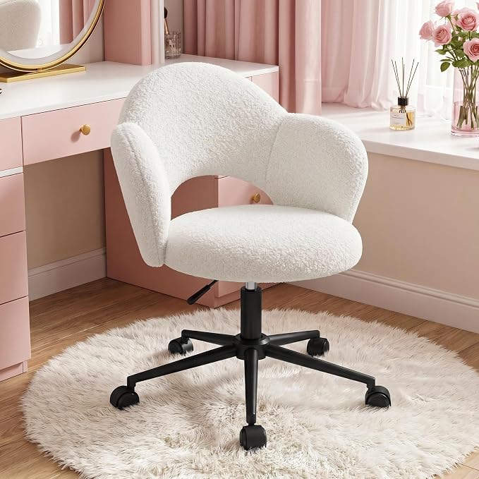 Homkdom Petal Vanity Chair with Wheels, 3.94" Thick Comfy Desk Chair, Swivel Armless Chair with Open Back and Adjustable Height, Ideal for Makeup Study Work and Relaxation, White