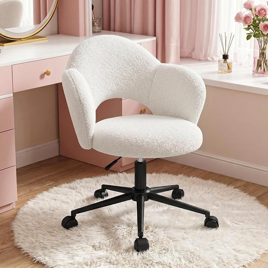 Homkdom Petal Vanity Chair with Wheels, 3.94" Thick Comfy Desk Chair, Swivel Armless Chair with Open Back and Adjustable Height, Ideal for Makeup Study Work and Relaxation, White