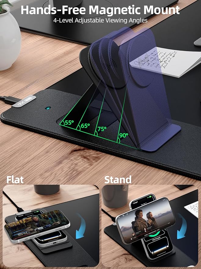 Wireless Charging Mouse Pad with Magnetic Phone Stand, 31.5"x15.8" Large | Waterproof Mousepad Desk Mat, Smooth Glide, Stitched Edge, Non-Slip Rubber Base, Computer Keyboard Mat, No Adapter