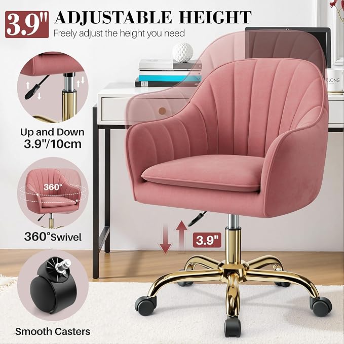 Vanity Chair with Wheels, Comfy Home Office Desk Chairs Adjustable Modern Velvet Makeup Vanity Chairs for Bedroom Living Room-Dusty Rose