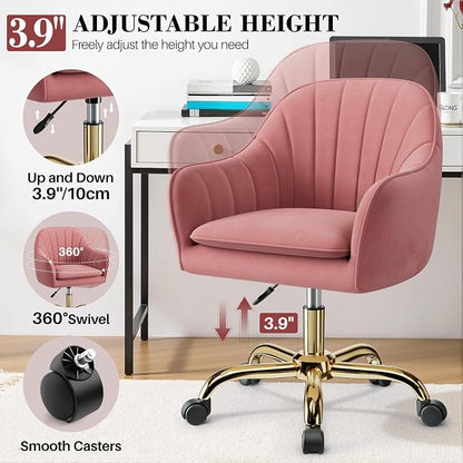 Vanity Chair with Wheels, Comfy Home Office Desk Chairs Adjustable Modern Velvet Makeup Vanity Chairs for Bedroom Living Room-Dusty Rose