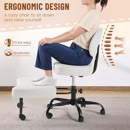Homall Ergonomic Cross Legged Office Desk Chair with Wheels, 360° Swivel and Adjustable Height for Meditation and ADHD,Criss Cross Kneeling Chair with Lumbar Support (Leather, White)