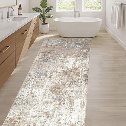 Runner Rug Kitchen Washable Rugs: 2x8 Non-Slip Abstract Soft Modern Stain Resistant Indoor Floor Neutral Accent Throw Carpet for Hallway Bathroom Laundry Room Entryway Bedroom- Brown