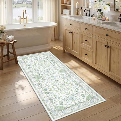 RELEANY Area Rugs Runner 2'6"x5' Washable Non-Slip, Floral Vintage Distress Medallion Carpet for Kitchen Hallway Bedroom Beside Laundry Room Bathroom, Green White Blue