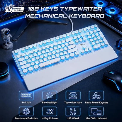 RK ROYAL KLUDGE S108 Typewriter Mechanical Keyboard, Retro Wired Gaming Keyboard with Number Pad and Detachable Wrist Rest, 108 Keys Full Size PC Game Keyboards, Clicky Blue Switch, Blue Backlit White