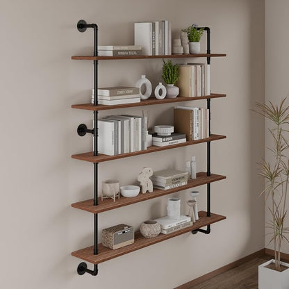HDDFER Floating Shelves for Wall Bookshelf Industrial Pipe Shelving Shelves 48 Inch 5 Tier Natural Wood Planks Rustic Wall Shelves Hanging Bookshelves Farmhouse Kitchen Shelving