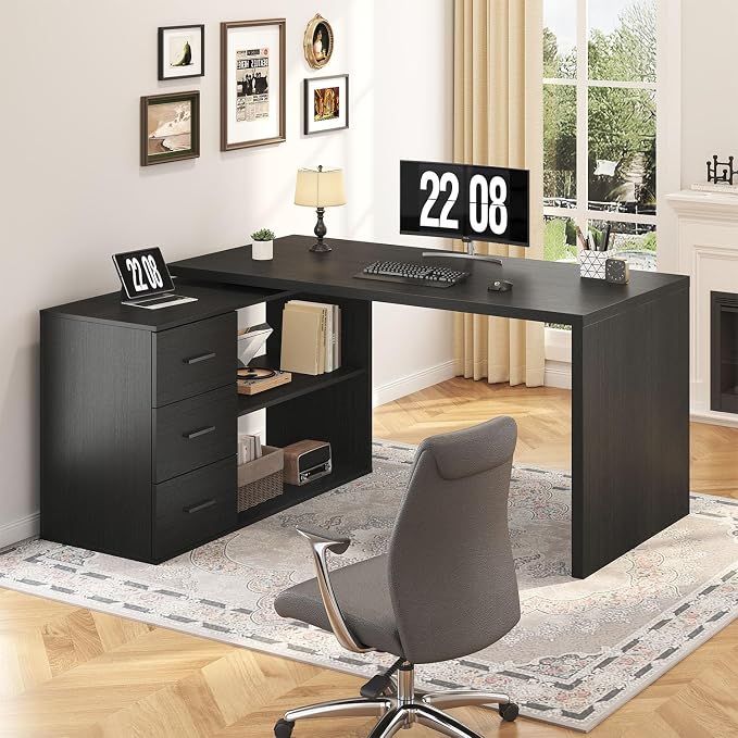 HSH L Shaped Office Desk with Drawers Shelves 55-76 Inch, Corner Computer Desk with Storage 360 Rotating Long for Executive, Work, Study, Writing, Teacher, Bedroom Modern Gaming Table Black