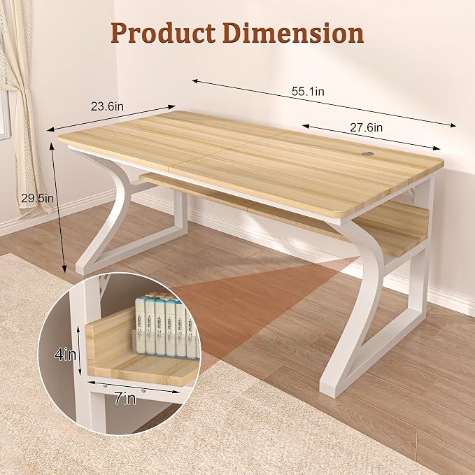 55 inch Computer Desk, Home Office Desk with Storage Shelf, Sturdy U-Shaped Metal Frame Study Table with Cable Management, Gaming Desk for Office & Bedroom (Light Walnut, 55inch)