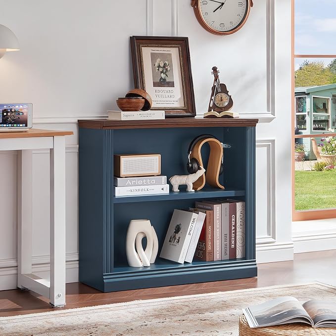 RWYHG 30" Blue Bookshelf Set of 2,2-Tier Thick Wood Book Shelf with Adjustable Shelves,Free Standing Farmhouse Bookcase with Open Display Storage,Floor Vintage Bookshelves for Living Room,Office