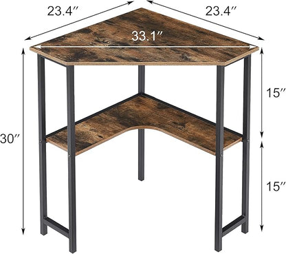 VECELO Small Corner Computer Desk 33 x 23 inches with Storage Shelves for Small Spaces,Triangular Shape,Brown