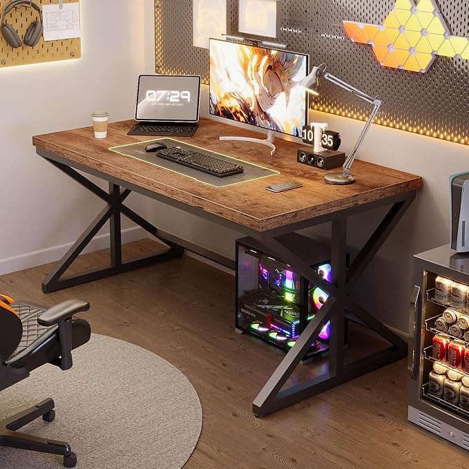 IBF 55” Rustic Computer Desk, Industrial Brown Home Office Desk, Wooden Metal Executive Pc Computer Desk Table, Wood Student Gaming Study Computer Table for Bedroom Living Room, Rustic Brown, 55 Inch