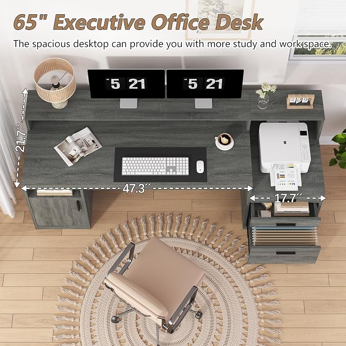 YOMILUVE Executive Computer Desk with 3 Drawers & Storage Shelves, 65 Inch Home Office Desk with File Drawer & Cabinet, Writing Study Desks with Monitor Stand & Printer Shelf, Dark Grey