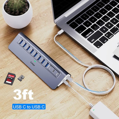 Powered USB Hub 10Gbps, Intpw YH9AC Plus 13 Port USB 3.2 Hub(USB A/USB C 3.2+6 USB-A 3.0+2 PD 45W Fast Charging Port+SD/TF Card Reader), 65W Power Adapter,Aluminum USB HUB for PC,Laptop,iPhone 17/16