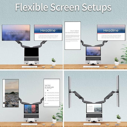 MOUNTUP Dual Monitor and Laptop Mount, Adjustable Monitor Stand for 2 Max 27" Computer Screens, Laptop Tray Fits 10-17inch Notebook, Holds 4.4-17.6lbs Per Arm, 3-in-1 Adjustable Monitor Desk Mount