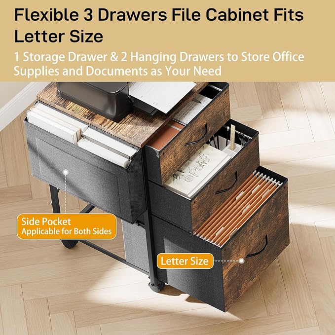 VINGLI 3 Drawer File Cabinet with Side Bag, Rolling File Cabinet Mobile Under Desk File Cabinet with Wheels, Fabric Drawers Printer Stand for Home Office, Fits Letter Size, Rustic Brown