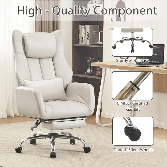 Ergonomic Cross Legged Office Chair with Footrest,Leather Big and Tall Executive Chair with Lumbar Pillow,Reversible Armrest for Pets,155° Reclining Computer Wide Desk Chair for Home,Office, Beige