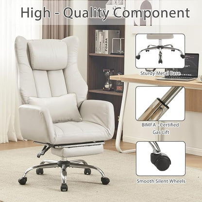 Ergonomic Cross Legged Office Chair with Footrest,Leather Big and Tall Executive Chair with Lumbar Pillow,Reversible Armrest for Pets,155° Reclining Computer Wide Desk Chair for Home,Office, Beige