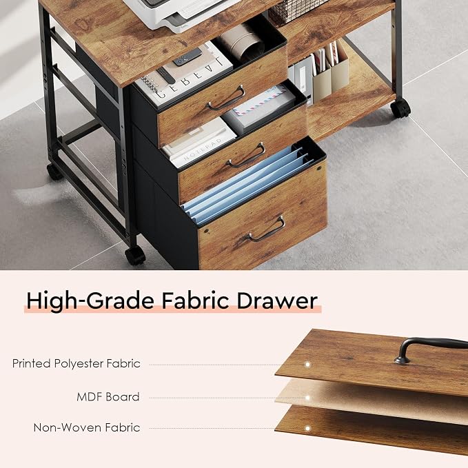 Maihail 3 Drawer File Cabinet with Wheels Rolling Printer Stand with Open Storage Shelf Fabric Lateral Filing Cabinet for Home Office,Rustic Brown2