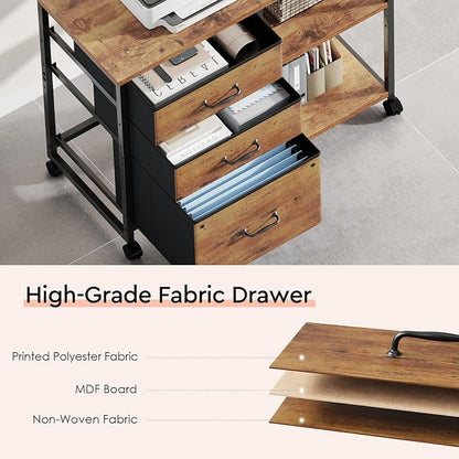 Maihail 3 Drawer File Cabinet with Wheels Rolling Printer Stand with Open Storage Shelf Fabric Lateral Filing Cabinet for Home Office,Rustic Brown2