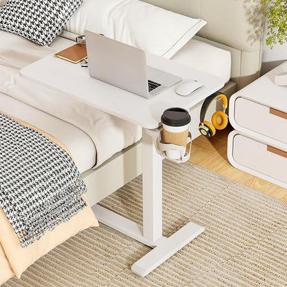 Tangkula Mobile Standing Desk, Pneumatic Height Adjustable Rolling Desk with Cup Holder & Headphone Hook, Overbed Table with Hidden Wheels, Laptop Computer Cart for Couch, Home, Office (White)