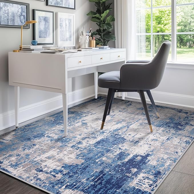 RELEANY Washable Area Rugs 4'x5' Non-Slip Modern Abstract Soft for Living Room Entryway Bedroom Kitchen, Print Pattern, Blue Grey Navy Gray