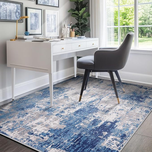 RELEANY Washable Area Rugs 4'x5' Non-Slip Modern Abstract Soft for Living Room Entryway Bedroom Kitchen, Print Pattern, Blue Grey Navy Gray